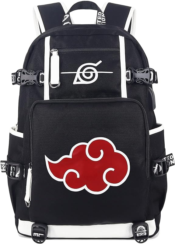 Mochila de anime com estampa de mochila escolar para laptop com porta de carregamento USB e porta de fone de ouvido, Preto