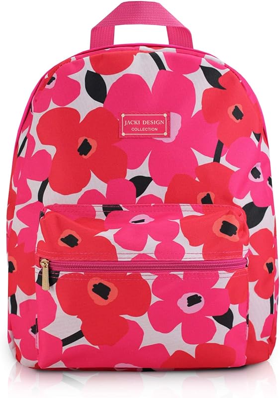 MOCHILA ESCOLAR PASSEIO COM BOLSO, ZÍPER E ALÇA ACOCHOADA ESTAMPADA FLORES JACKI DESIGN PINK