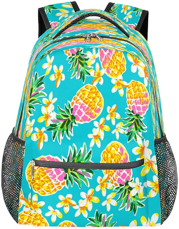 Mochila de abacaxi para mulheres e homens, mochila de viagem para laptop, impermeável, mochila diária com flores, vários bolsos, mochila casual para escola, acampamento, caminhada, trabalho, Multicor, Medium, Mochilas Daypack