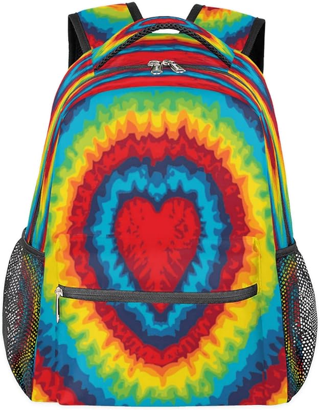 Mochilas Tie Dye para mulheres e homens, mochila escolar de coração de amor arco-íris para meninos e meninas adolescentes, mochilas para laptop para faculdade, mochila de viagem à prova d’água mochila para caminhada, Multicor, Medium