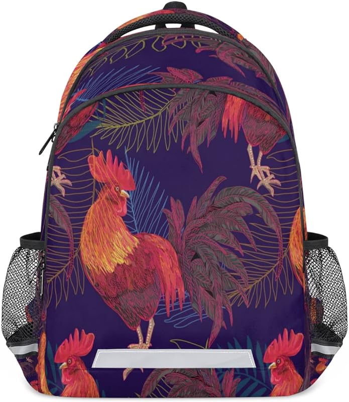 Mochila para meninos e meninas galo floral 1 mochila de estudante com tiras refletivas, mochila escolar com vários bolsos, mochila de viagem para laptop, para escola, acampamento, caminhada, trabalho, Multicor