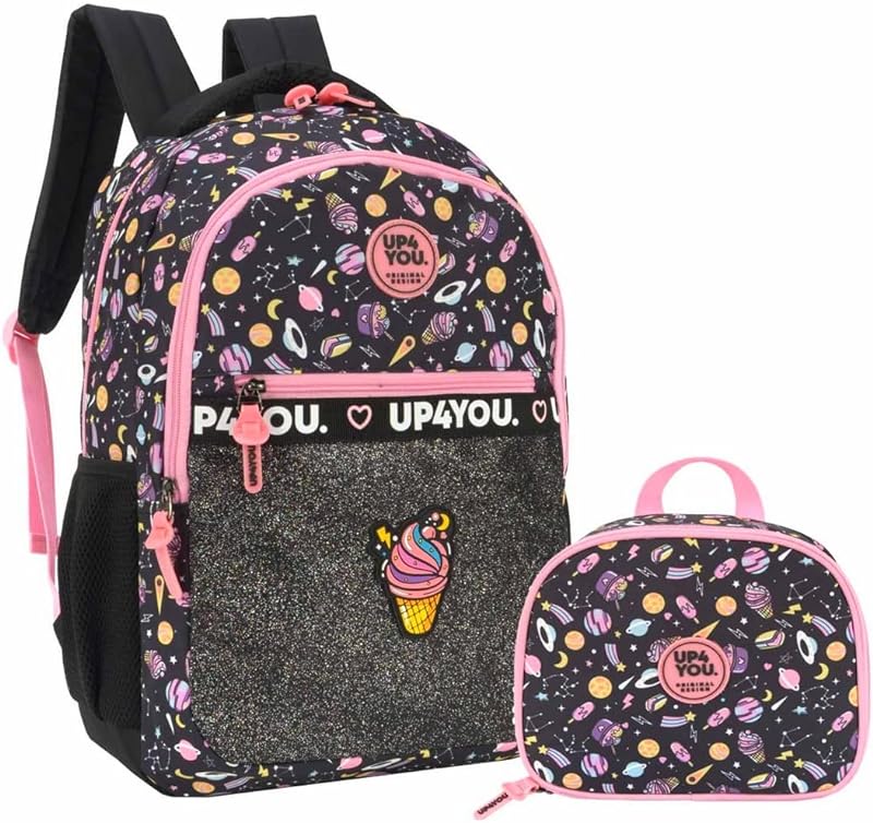 Kit Mochila Escolar Juvenil Infantil Menina Sorvete Brilho Glitter Lancheira Térmica Impermeável