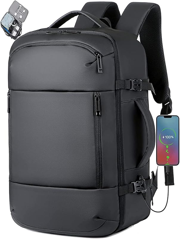 Bolsa Mochila de Viagem Mochila Expansível Impermeável para Laptop de 17″ com Porta de Carregamento USB Mochila de Bagagem Mochila de Fim de Semana Mochila Masculina Feminina Preto