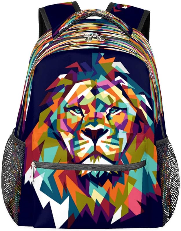 Mochilas para meninos e meninas, mochila geométrica de animal leão para laptop, mochila escolar com vários bolsos, mochila impermeável com alça de ombro ajustável para viagens, caminhadas, acampamento, Multi, Medium, Mochilas Daypack