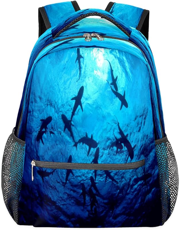Mochilas Daypack, mochilas para computador e laptop, mochilas escolares com alça de ombro ajustável, viagem, caminhadas, acampamento, mochila casual para adulto/mulheres/homens/meninos/meninas 3D tubarão oceano, Multicor, Large