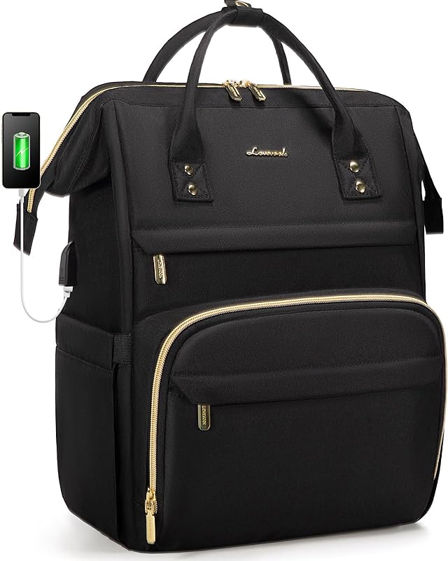 Mochila para laptop feminina para professores de 39 cm, bolsa de trabalho feminina, resistente à água, mochila para viagem de negócios com porta de carregamento USB, alça de bagagem, bolso anti-roubo, bolso para tablet (preto)