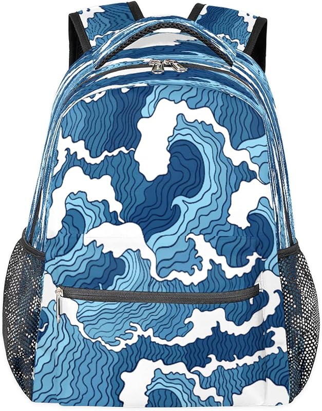 Mochilas femininas com estampa de ondas Ocean para laptop, mochilas para negócios, mochila escolar para estudantes com alça de ombro ajustável, mochila casual para viagem e acampamento, para mulheres e homens, Multicor, Large, Mochilas Daypack