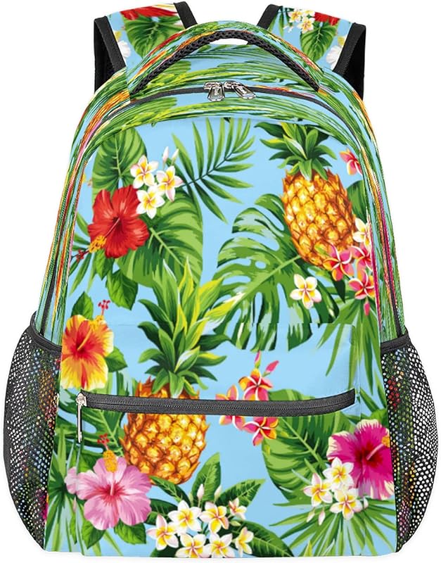Mochilas femininas para laptop com estampa Hawaii Pineapple Juicy Plumeria para negócios, mochila escolar para estudantes com alça de ombro ajustável, mochila casual para viagem, acampamento, para mulheres e homens, Multicor, Large, Mochilas Daypack