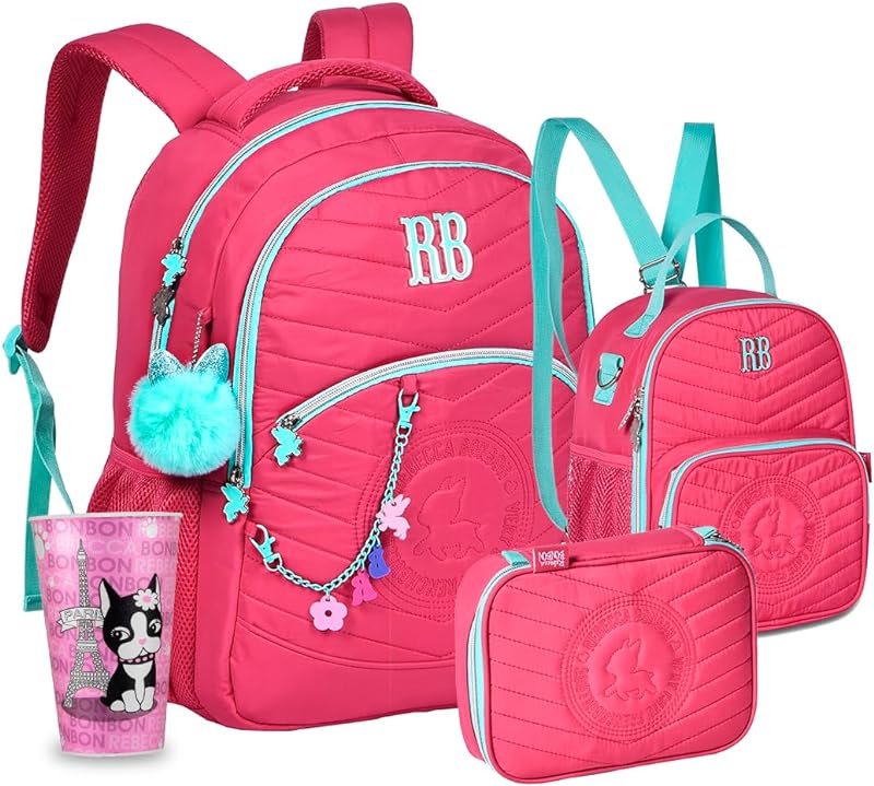 Kit Escolar Feminino Mochila Soft Estojo 32 Elásticos Lancheira Térmica Rebecca Bonbon Com Copo RB