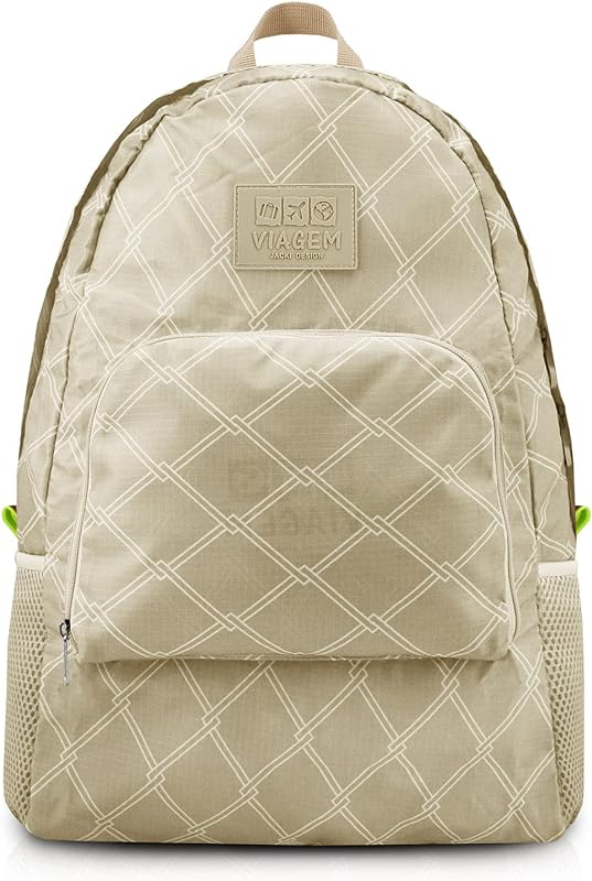 Mochila Dobrável de Viagem Compacta Feminina Masculina Leve Cor:Bege