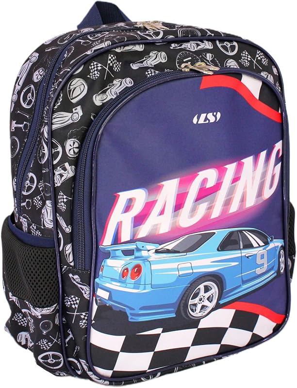 Mochila Masculina Infantil LS Carros Racing Preta Média Com 4 Divisões – MO4236