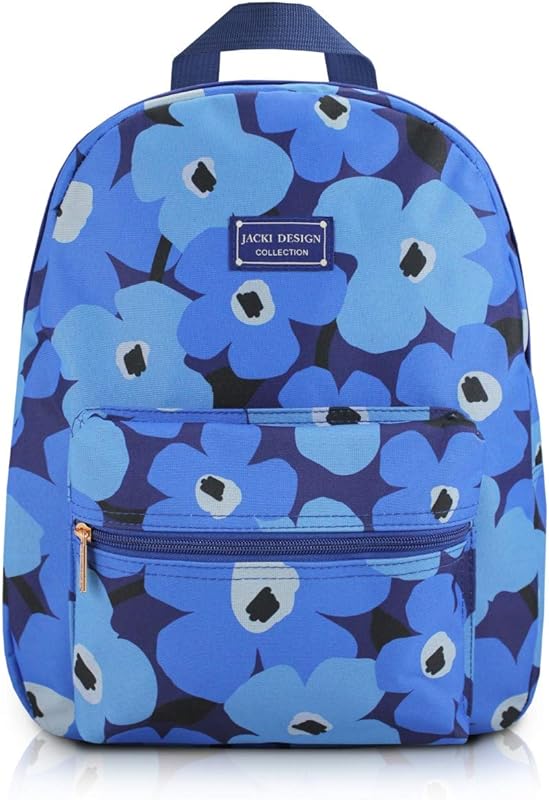 MOCHILA ESCOLAR PASSEIO COM BOLSO, ZÍPER E ALÇA ACOCHOADA ESTAMPADA FLORES JACKI DESIGN AZUL