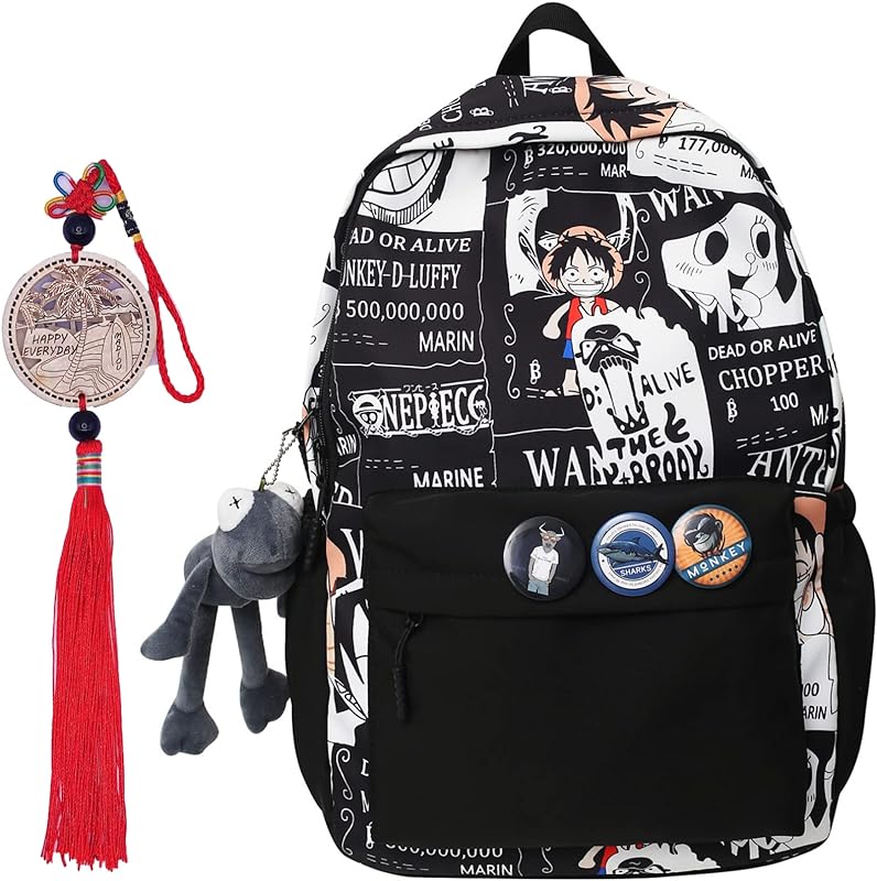 Conjunto de 4 peças de mochila, pingente de sapo e emblema, anime Luffy casual, laptop, estudante, escola, viagem, adolescentes, mochila para livros