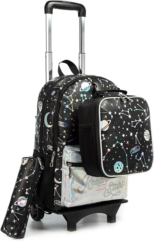 Mochilas de Rodinhas Infantis CUTBLAJAT – Conjunto de 3 peças com Lancheira e Estojo – Estampa de Estrelas Pretas