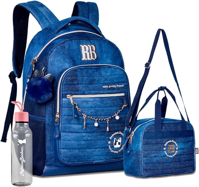 Kit Mochila E Lancheira Jeans Rebecca Bonbon Escolar Infantil Feminina RB Com Squeeze 700 Mls