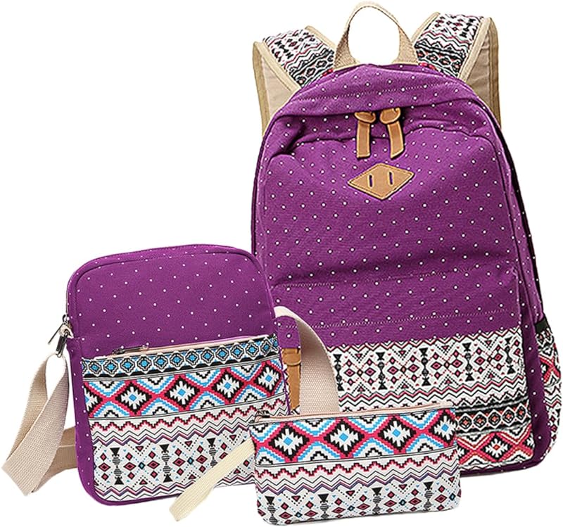 3 Peças Mochila De Lona Mochila De Viagem Feminina Mochila De Viagem Estojo De Lápis Mochila Feminina Mochila Para Mulheres Mochila De Estudante Bolsas De Ombro Folk-Custom Roxa