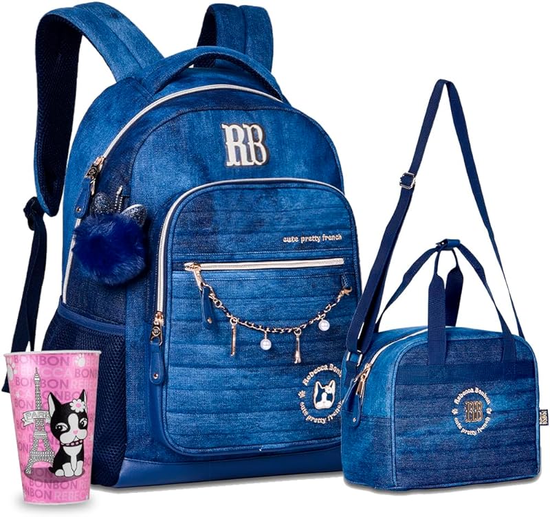 Mochila E Lancheira Feminina Rebecca Bonbon Jeans Com Copo RB Menina Infantil Mochila E Lancheira Feminina Rebecca Bonbon Jeans Com Copo RB Menina Infantil