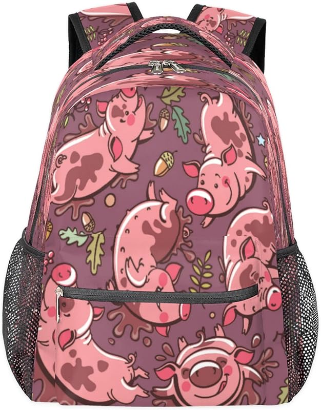 Mochilas Muddy Pig para mulheres e homens, mochila escolar de animal fofo para meninos e meninas adolescentes, mochilas para laptop para faculdade, mochila de viagem à prova d’água mochila para caminhada, Multicor, Medium
