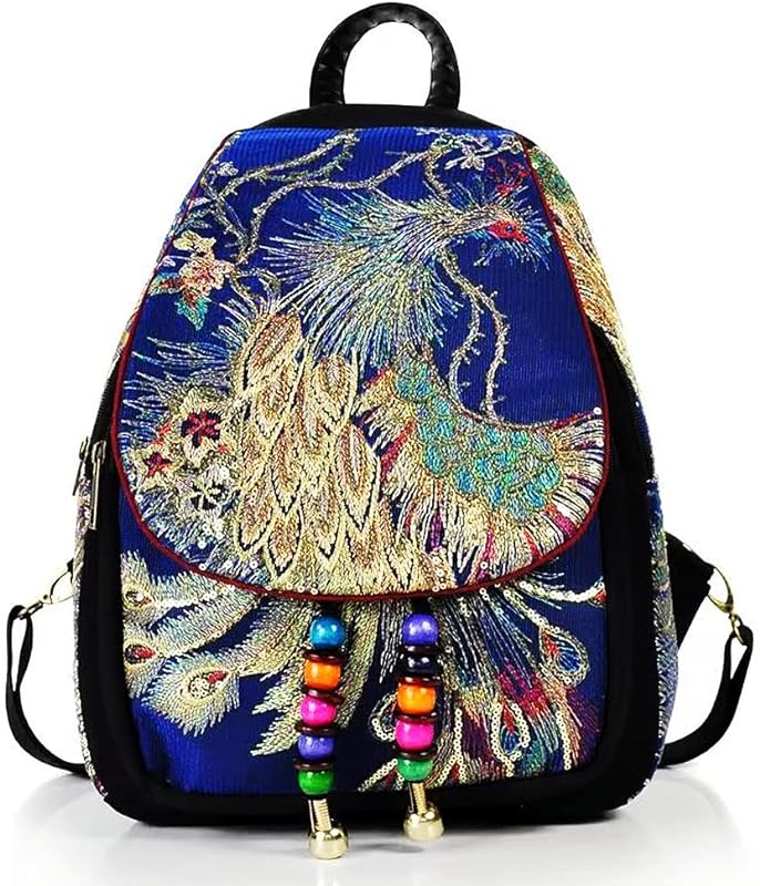 Mochila feminina de lona bordada com pavão