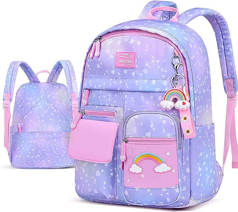 Mochila para meninas, mochila para meninas, mochila infantil com compartimentos bolsa de escola primária para meninas, bolsa escolar de estudante fofo, mochila escolar para meninas (cor: céu estrelado roxo, tamanho: G)