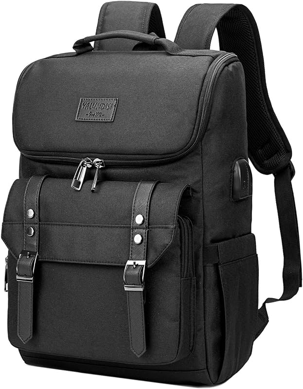Mochila vintage para laptop de viagem com porta de carregamento USB para mulheres e homens, escola, estudantes, mochila para laptop de 15,6 polegadas, preta