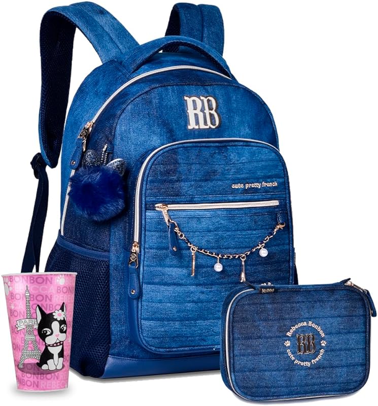 Coleção Jeans Rebecca Bonbon Mochila E Estojo RB 36 Elásticos Infantil Com Copo 550 Mls