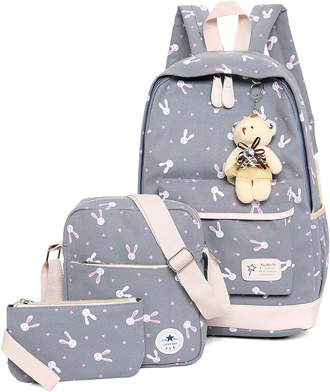 WSLCN Conjunto de mochilas de lona para meninas, mochila escolar com zíper, bolsa de viagem, bolsa de ombro, bolsa de ombro para crianças, bolsa de ombro, bolsa de laptop, bolsa de ombro, estojo de lápis, coelho, 3 peças, cinza