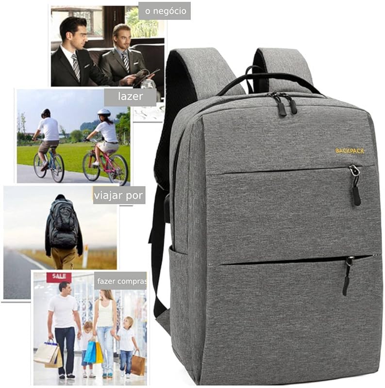 Mochila Masculina Recarregável USB Conjunto Vários Compartimentos Mochila Executiva de 3 Cinza