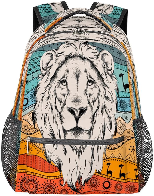 Mochilas de viagem para laptop para mulheres, homens, leão, moda étnica, mochilas escolares, mochilas casuais para meninos, meninas, trabalho, caminhadas, acampamento, Multicor, Medium, Mochilas Daypack