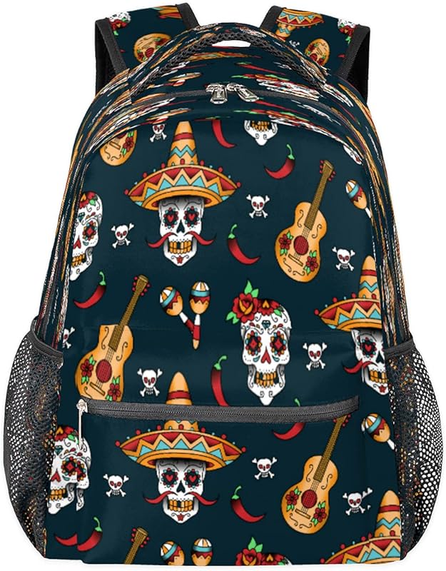 Mochila para mulheres e homens, caveira de açúcar, guitarra, viagem, laptop, mochila à prova d’água, mochila diária com vários bolsos, mochila casual para escola, acampamento, caminhada, trabalho, Multicor, Medium, Mochilas Daypack