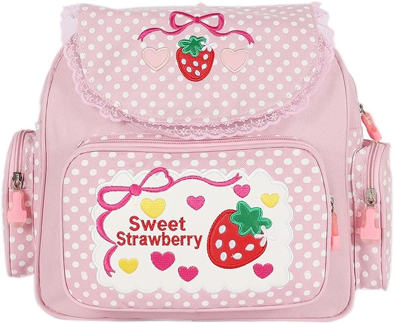 Aobiono Kawaii Mochila de morango Mini anime bonito estética de renda rosa bolinhas pequena bolsa de livros de desenho japonês bolsa de frutas, rosa, Large, Mochilas Daypack