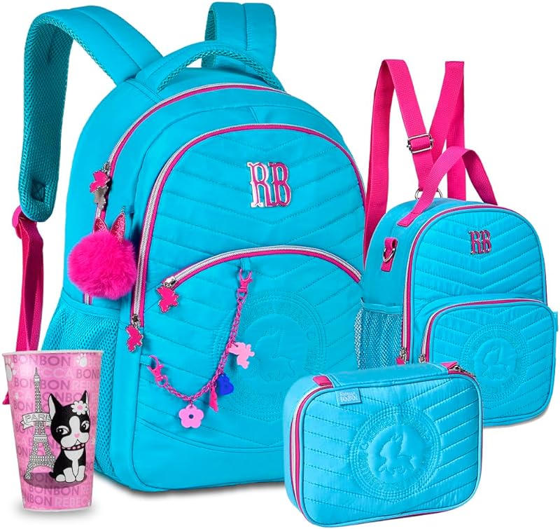 Coleção Escolar Infantil Mochila Rebecca Bonbon Estojo Lancheira Térmica Com Copo RB