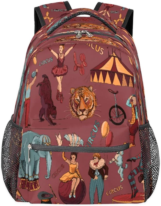 Mochilas de palhaço de circo para mulheres homens, mochila escolar de tigre elefante para meninos e meninas adolescentes, mochilas para laptop para faculdade, mochila de viagem à prova d’água mochila para caminhada, Multicor, Medium
