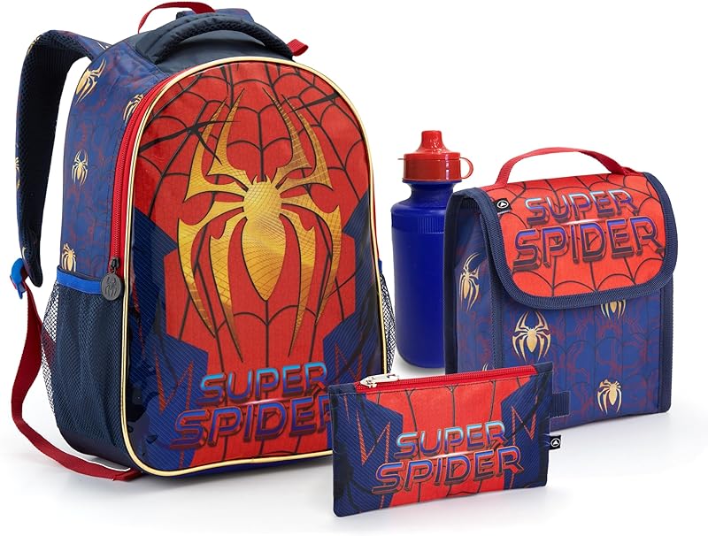 Kit Mochila De Costa Infantil Aranha Spider Escolar Masculina Com Estojo Lancheira Garrafinha e Chaveiro
