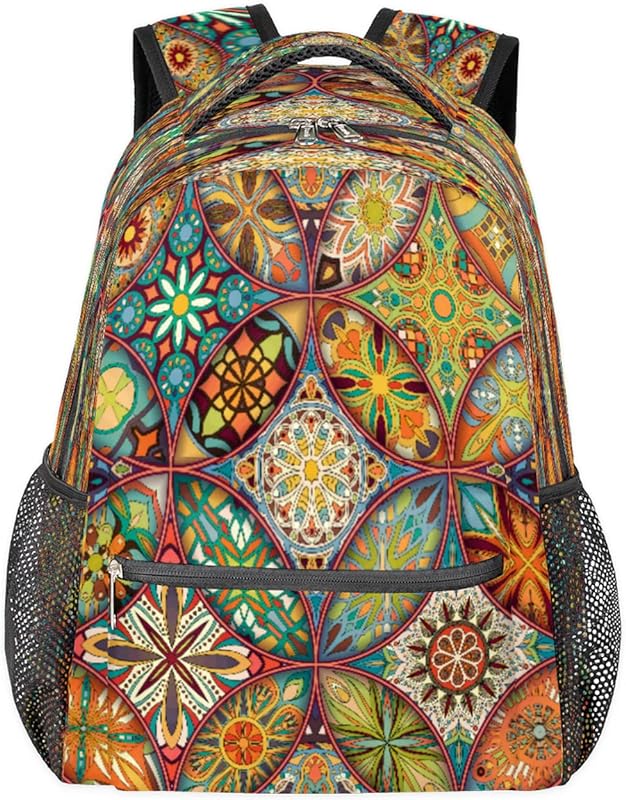 Mochilas de mandala para mulheres e homens, mochila escolar étnica colorida para meninos e meninas adolescentes, mochilas para laptop para faculdade, mochila de viagem à prova d’água mochila para caminhada, Multicor, Medium