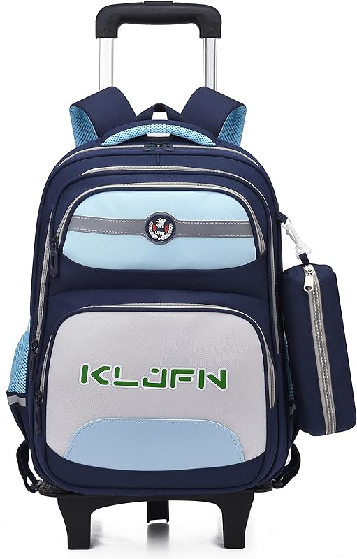 Mochila de Rodinhas Infantil em Tecido Oxford Impermeável e com Grande Capacidade para Estudantes de 6 a 12 Anos – Modelo de Duas Rodas (Azul+cinza)