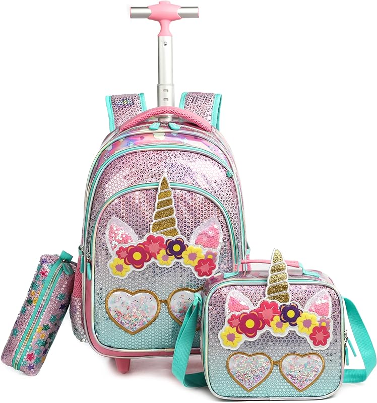 Mochilas de Rodinhas Infantis CUTBLAJAT – Kit de 3 peças com Lancheira e Estojo – Para Meninas – Tecido Rosa com Estampa de Unicórnio e Coração Mochilas de Rodinhas Infantis CUTBLAJAT – Kit de 3 peças com Lancheira e Estojo – Para Meninas – Tecido Rosa com Estampa de Unicórnio e Coração