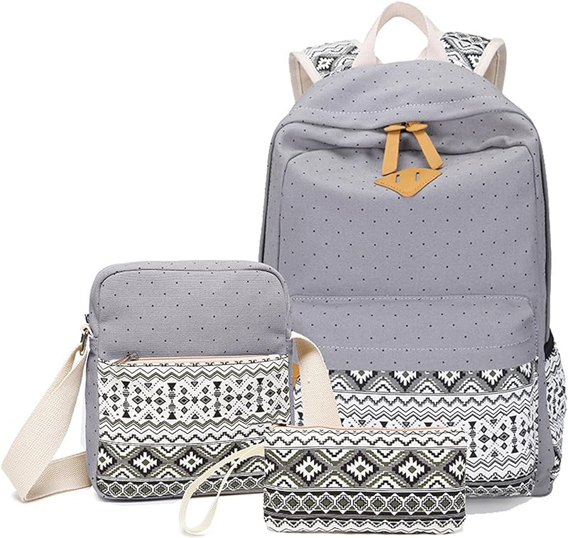 Conjunto de mochilas de lona para meninas, mochila escolar com zíper, bolsa de viagem, bolsa de ombro, bolsa de ombro para crianças, bolsa de ombro, bolsa de laptop, bolsa de ombro, estojo de lápis, asteca, 3 peças, cinza
