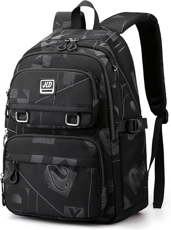 Mochila masculina preta com letras impressas, mochila de estudante para meninos, pode conter notebook de 15,6 polegadas