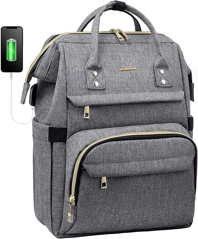 Mochila para laptop feminina para professores, bolsa para enfermeiras de 39 cm, bolsa de trabalho feminina, resistente à água, mochila para viagem de negócios com porta de carregamento USB, mochila escolar (cinza)