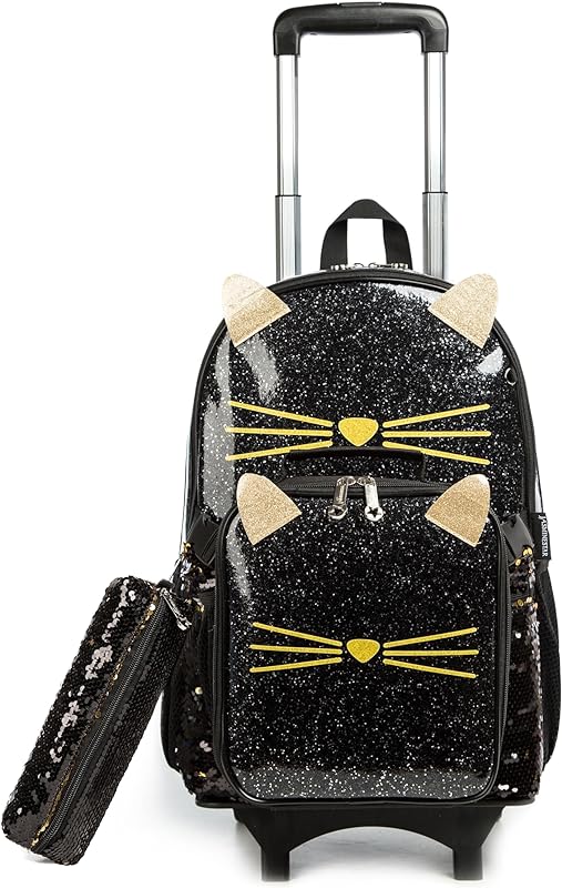 Mochilas de Rodinhas Infantis CUTBLAJAT – Conjunto com Lancheira e Estojo – Estilo Gatinho Preto
