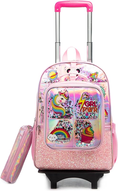 Mochila de Rodinhas Infantil CUTBLAJAT com Kit Bolsa Feminina e Lancheira para Menina – Rosa, Unicórnio, Arco-íris, Estampa de Raio e Sorvete