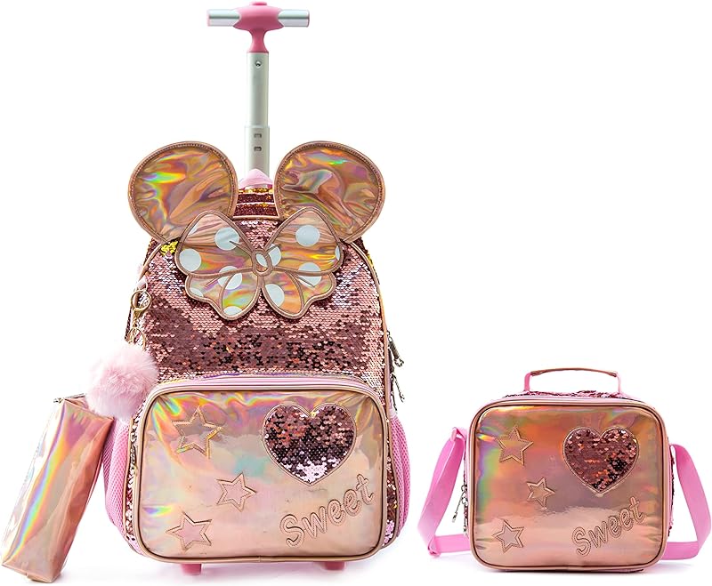 Mochilas de Rodinhas Infantis CUTBLAJAT – Kit Bolsa Feminina, Lancheira e Estojo, Rosa com Brilho Dourado e Detalhes de Borboleta e Coração