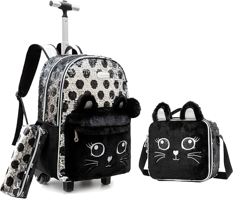 CUTBLAJAT Mochilas de Rodinhas Infantis – Conjunto com Lancheira e Estojo – Estampa de Gatinho de Pelúcia CUTBLAJAT Mochilas de Rodinhas Infantis – Conjunto com Lancheira e Estojo – Estampa de Gatinho de Pelúcia