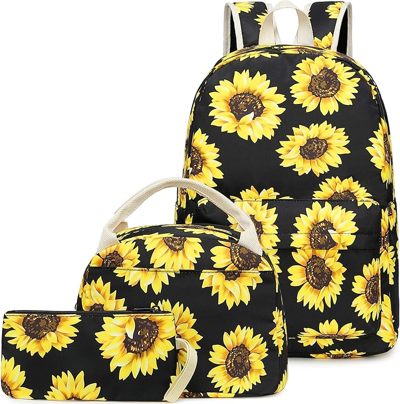 Mochila de lona girassol para universitárias meninas com porta de carregamento USB
