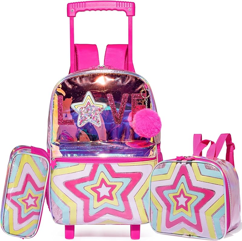 Meetbelify Mochila com rodinhas para meninas, mochilas infantis com rodas para escola primária, mochila de viagem para meninas de 6 a 8 anos, Estrela rosa