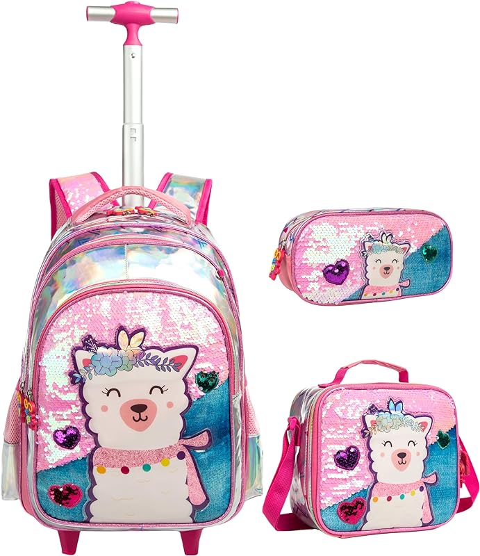 Mochila de Rodinhas Infantis CUTBLAJAT – Kit com Bolsa Feminina, Lancheira e Estojo – Estampa de Cachorrinho Branco em Tecido de Glitter Rosa