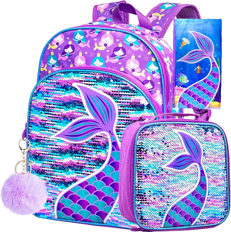 Mochila Infantil,Menino Escolar Kit para Menina,16 Polegadas de Sereia Bolsa de Livro,3 Peças Juvenil Feminina Saco