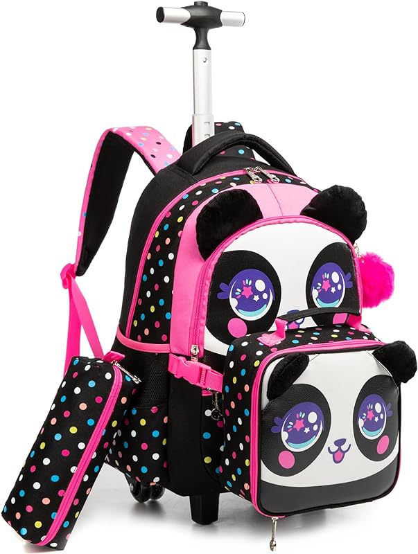 Mochilas de Rodinhas Infantis CUTBLAJAT – Conjunto de 3 peças com lancheira e estojo – Para meninas – Padrão de panda com pontos coloridos pretos