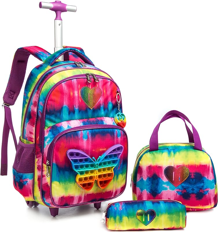Mochilas de Rodinhas Infantis – Kit de 3 peças com mochila de rodinhas, lancheira e estojo, ideal para crianças e estudantes (Brinquedo colorido para inquietação borboleta)